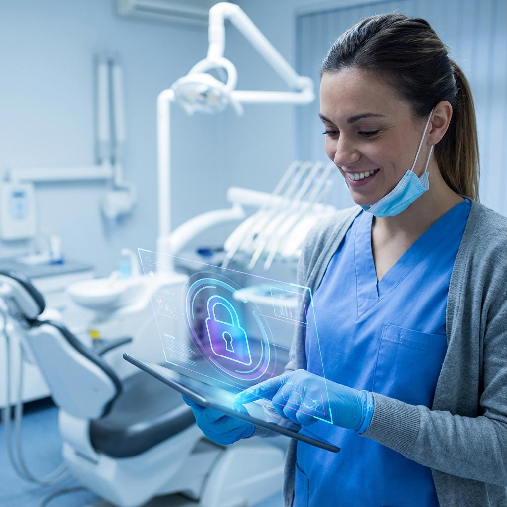Close-up photorealistic scene of a dental assistant using a tablet in a clinical area, showing encrypted data icon overlay...