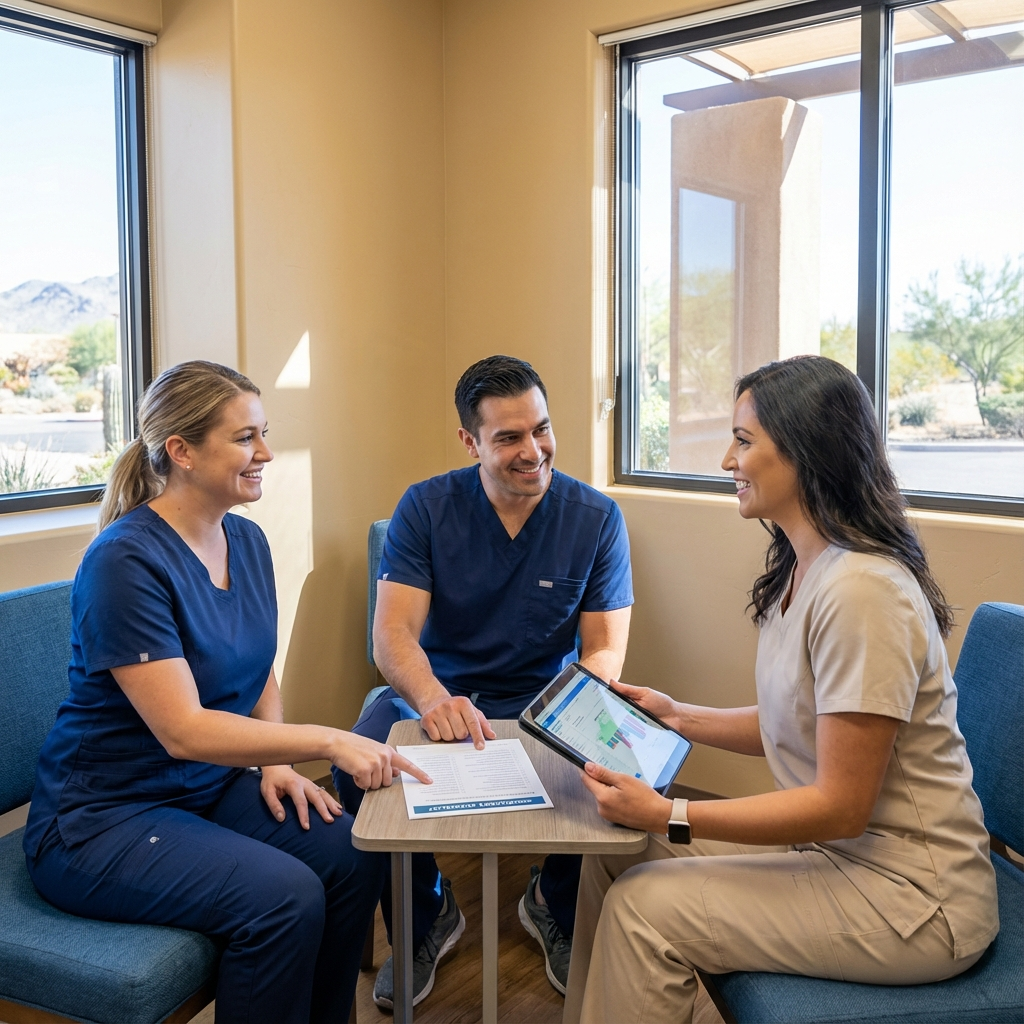 Network System Solutions | Hipaa Compliant IT for Dental Practices Arizona | NSSAZ Pros A mid-article photorealistic image showing a small Arizona dental practice team in a consult room reviewing a printed comp...