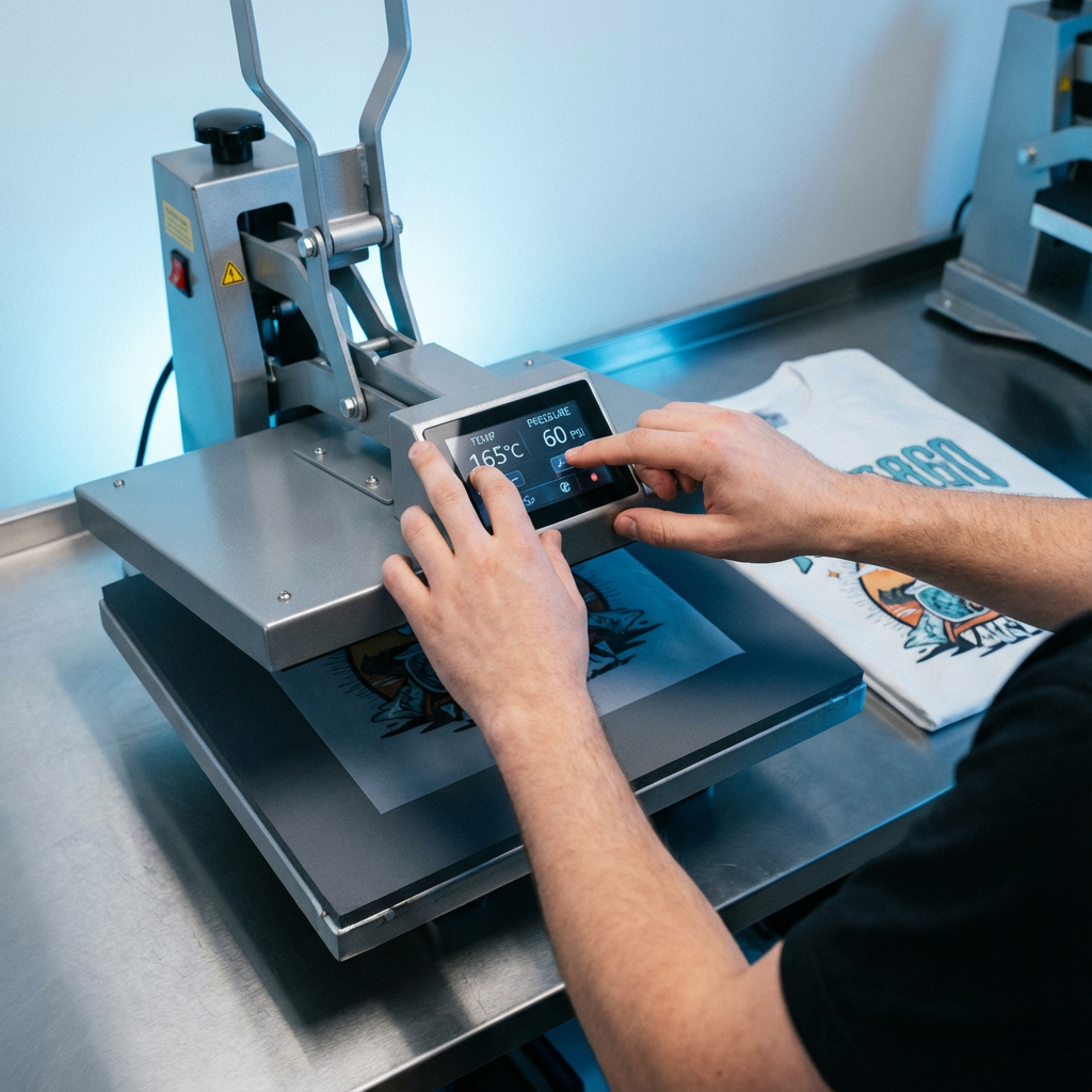 Close-up photorealistic image of a technician adjusting a digital heat press, fingers setting temperature and pressure gau...