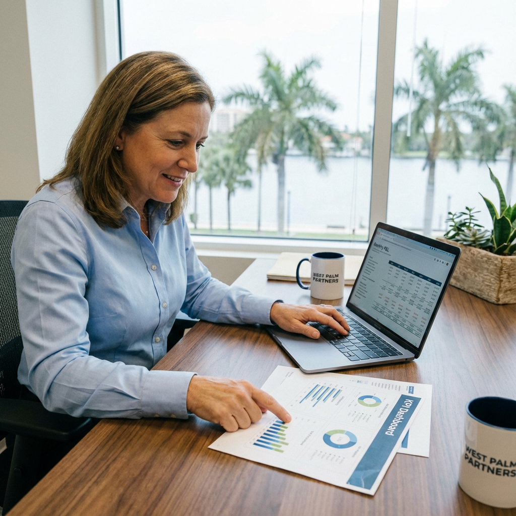Close-up, photorealistic scene of an asset manager at a desk in a modern West Palm Beach office, reviewing a monthly P&L o...