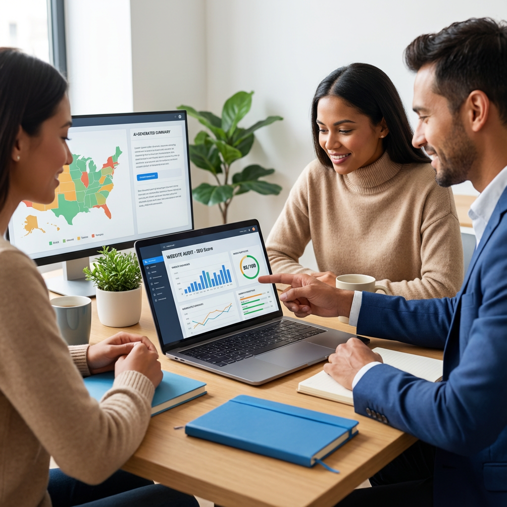 AI Search Optimization Strategy 2024, GEO AI SEO Practical Tips 1 A clean, modern photorealistic image of a small marketing team around a table reviewing a website audit on a laptop, with ...