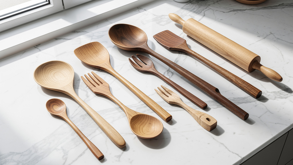 Vielfältiges Sortiment an Holz-Küchenutensilien für jede Anwendung