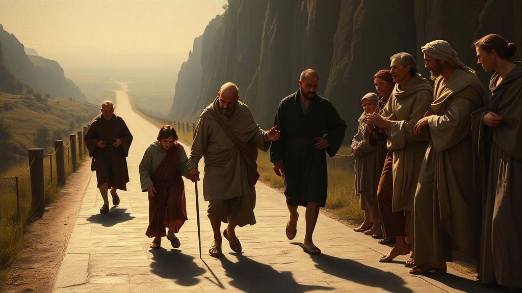 A parable-like scene of travelers finishing a long journey, supported by companions