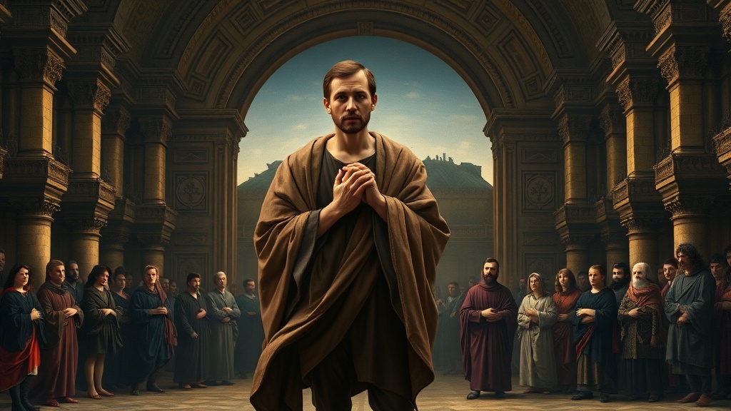 Renaissance-style contemplative figure holding back speech