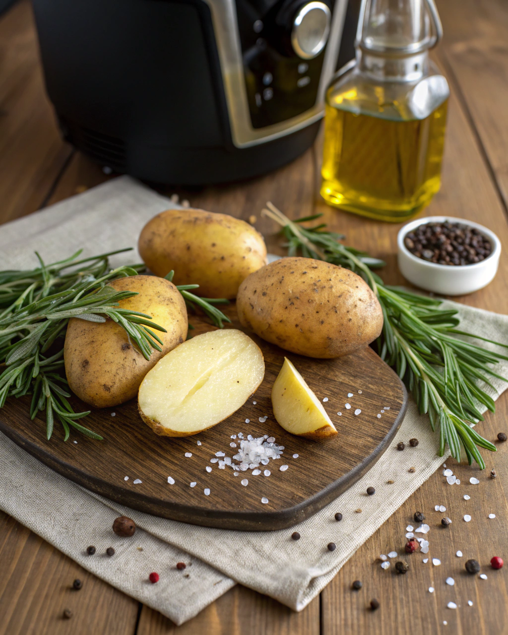 Fresh russet potatoes, canola oil, rosemary, salt and pepper arranged for crispy air fryer french fries preparation