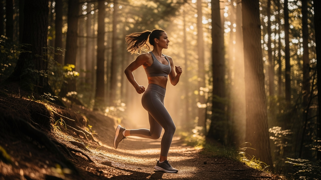 Woman running outdoors experiencing natural mood elevation