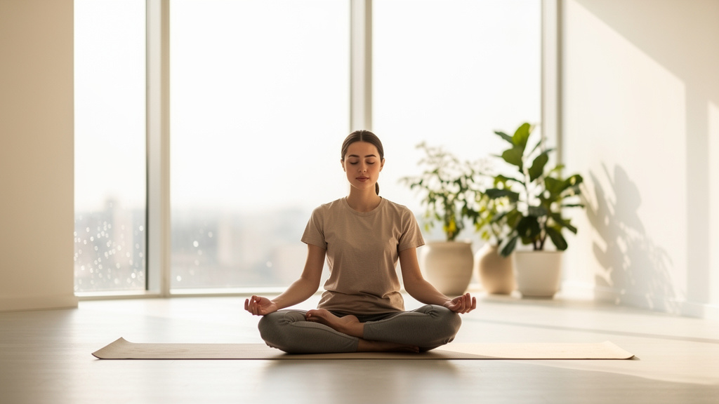 Person meditating in peaceful room for stress management