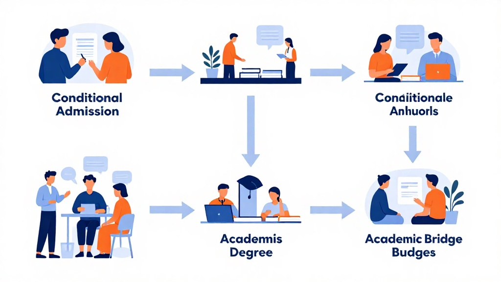 佩斯大學Global Pathways銜接課程流程圖,顯示從條件式錄取到碩士學位的完整升學路徑與學分抵免機制