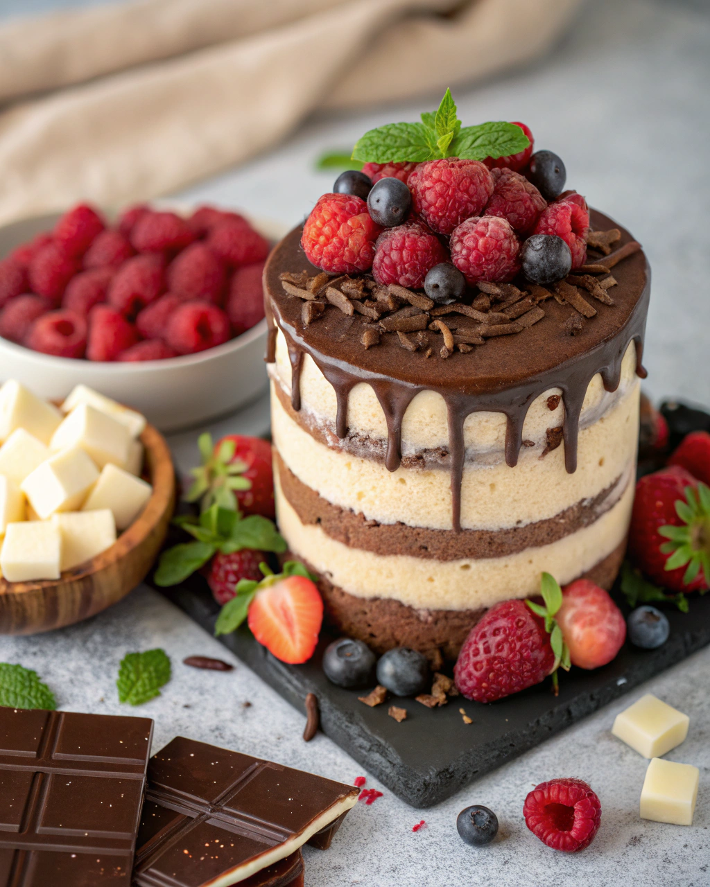 Chocolate raspberry mousse cake ingredients including chocolate, raspberries, cream, and brownie components arranged on marble surface