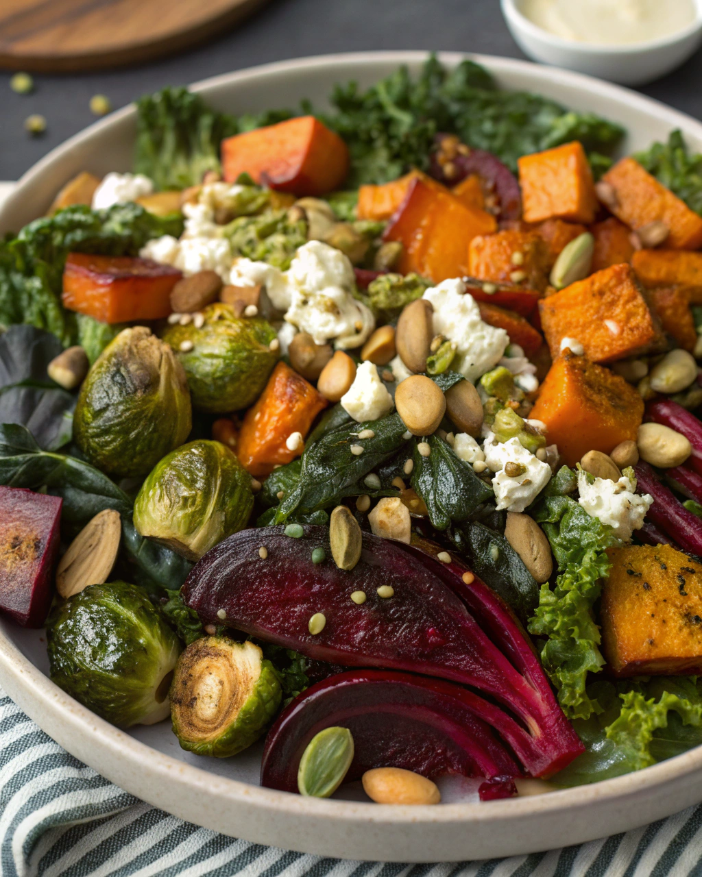 Fresh roasted vegetable salad ingredients including Brussels sprouts, carrots, sweet potatoes, red onion, beets, and kale arranged on a wooden cutting board