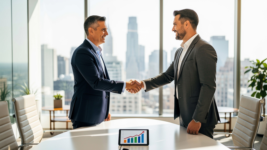 Business professionals shaking hands in successful partnership meeting