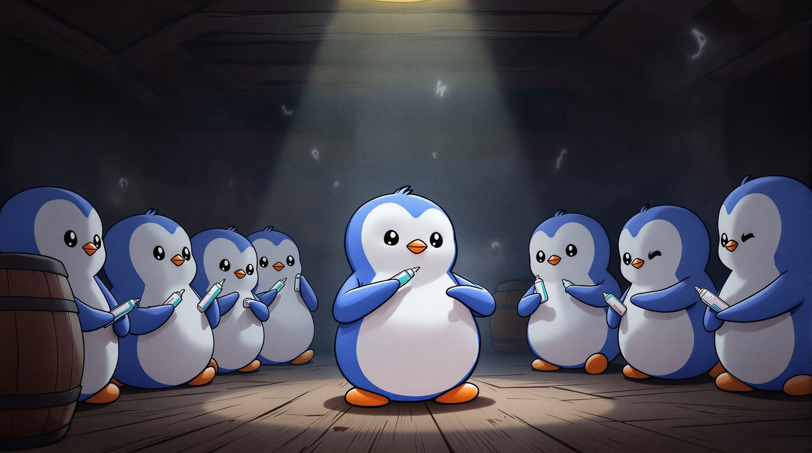 create a group of penguins that are all standing around together in a poorly lit wooden room injecting ozempic into their forearms with syringes