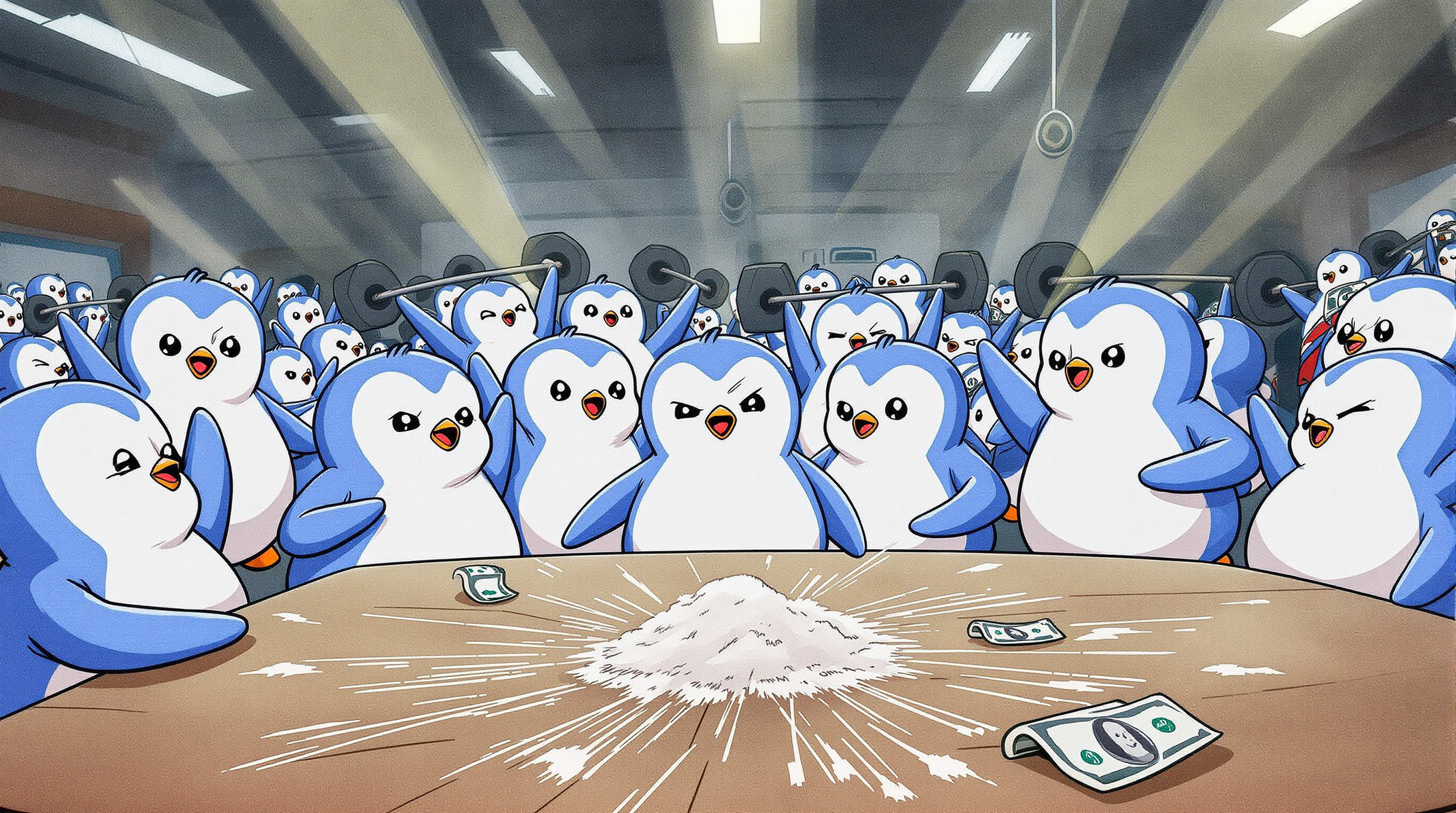 a group of penguins are in a gym all working out and lifting weight at maximum intensity while in the foregroud lies a mirror on a table that has thin lines of flour broken off and rolled up dollar bills on the table