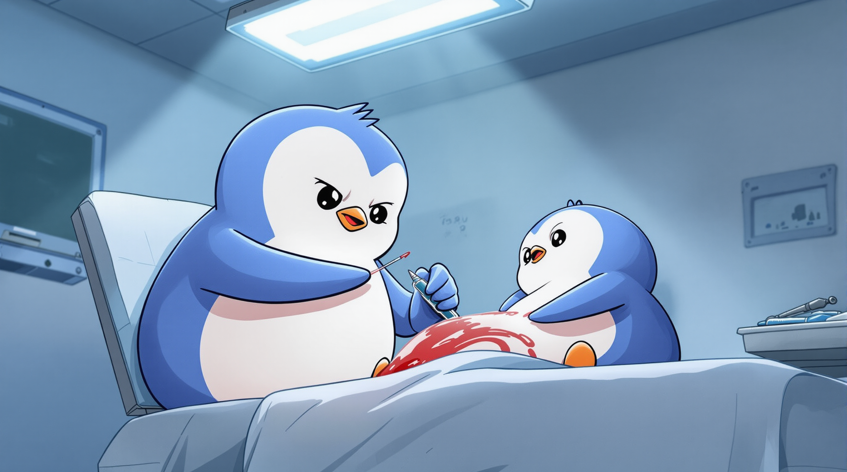 a sinister looking penguin is using a needle to aggressively draw blood from a terrified penguin for a routine medical test