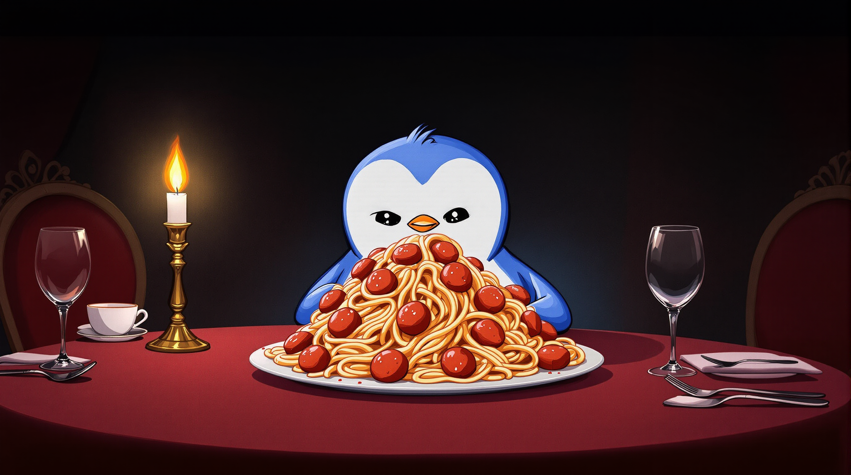 a penguin slurp inhaling a mountain of spaghetti and meatballs at a distinguished table