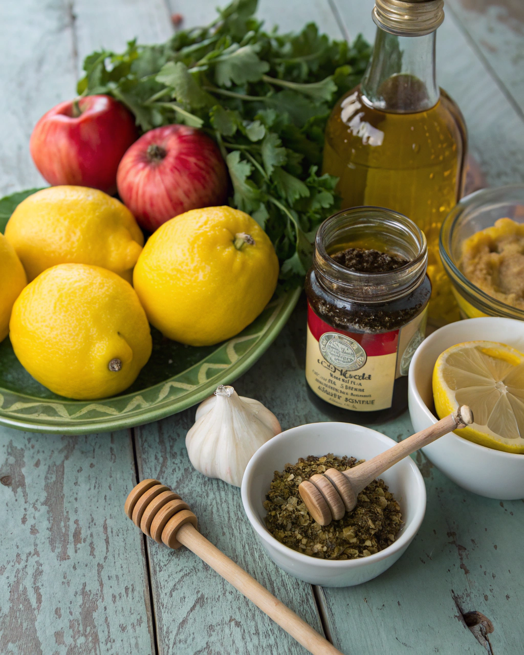Fresh ingredients for honey lemon vinaigrette including golden honey, bright yellow lemons, olive oil, and herbs arranged on marble surface