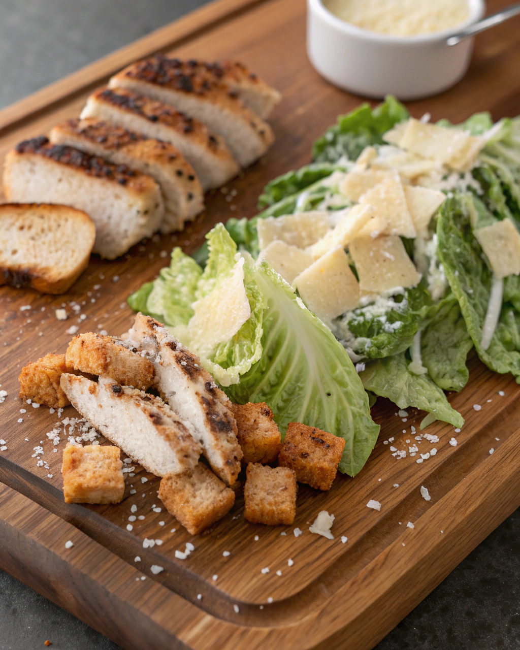 Fresh ingredients for Chicken Caesar Wrap including romaine lettuce, cooked chicken, Caesar dressing, Parmesan cheese, croutons, and flour tortillas arranged on a wooden cutting board