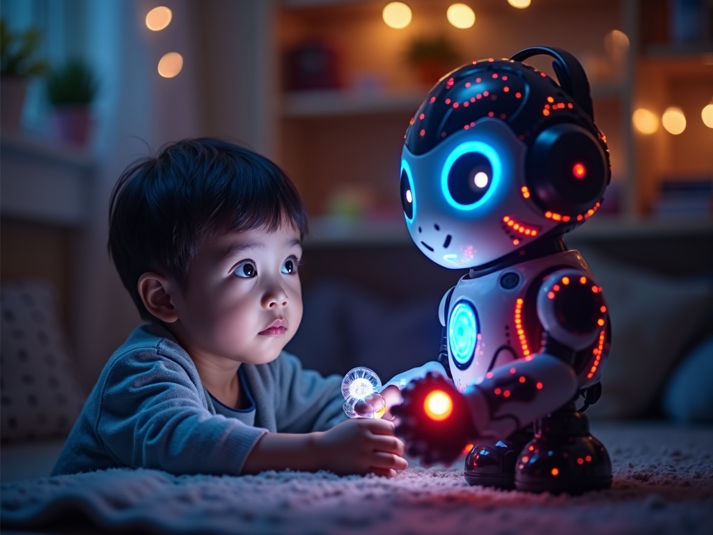 Un niño jugando en el suelo con el Robot Juguete Dnenellr, que muestra una cara sonriente con sus luces LED.