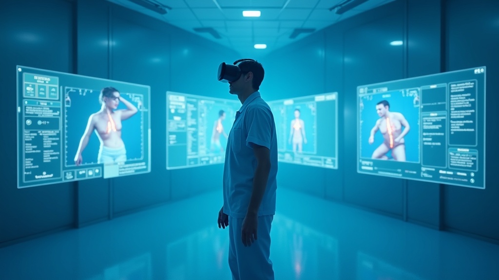 Usuario realizando formación médica de primeros auxilios con gafas de realidad virtual.