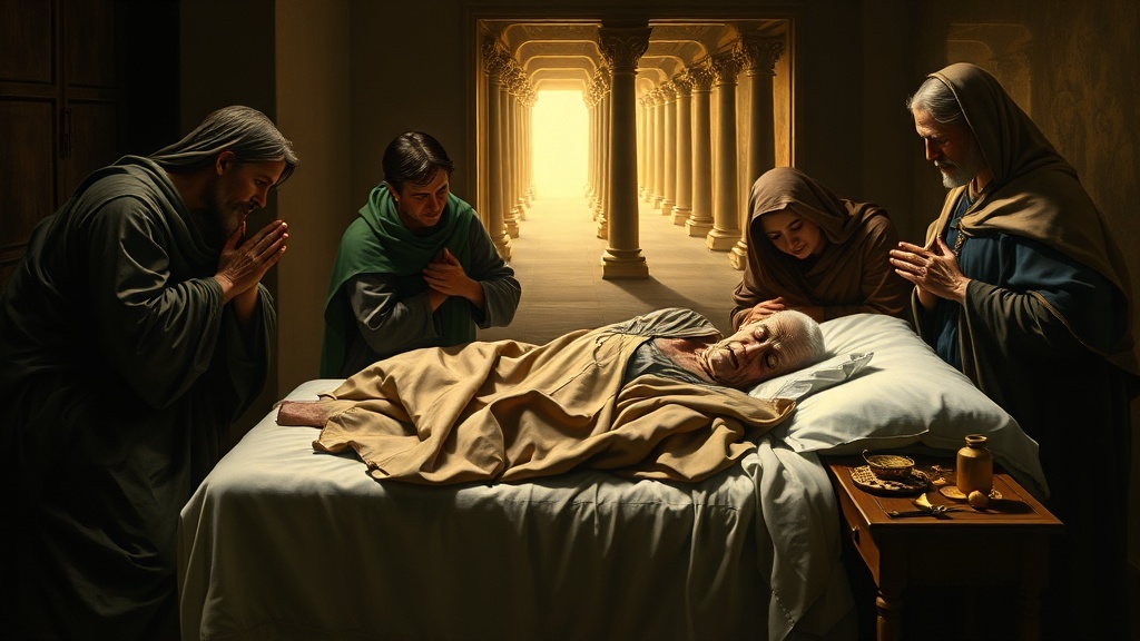 A contemplative bedside scene rendered in a gentle, painterly style