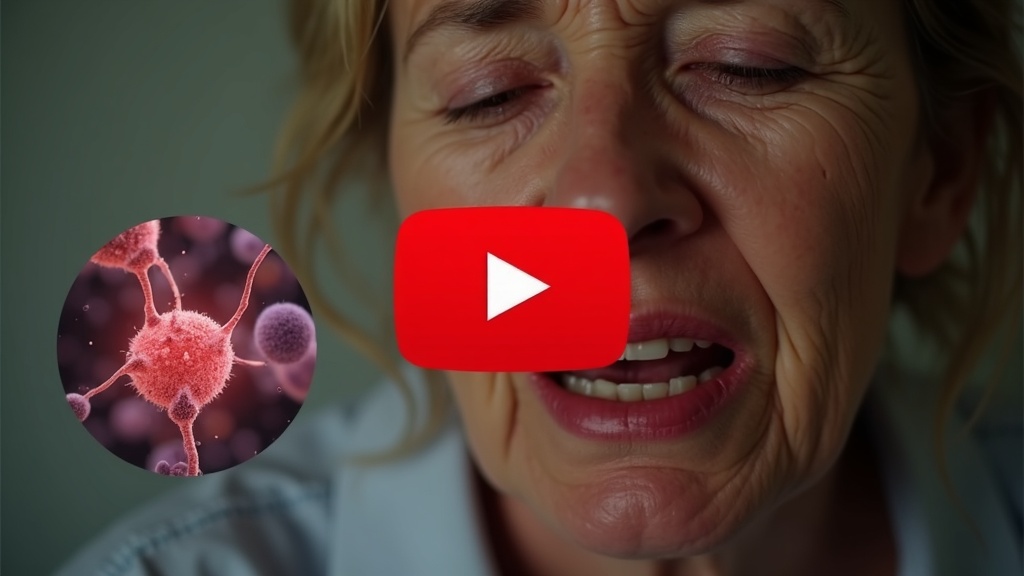 Hidden root cause gum disease bleeding gums mutated bacteria oral microbiome imbalance mysterious nighttime chewing concept with red YouTube style play button center no text no logo serious woman over 45 showing oral distress and inflamed gums small glowing bacteria inset circle