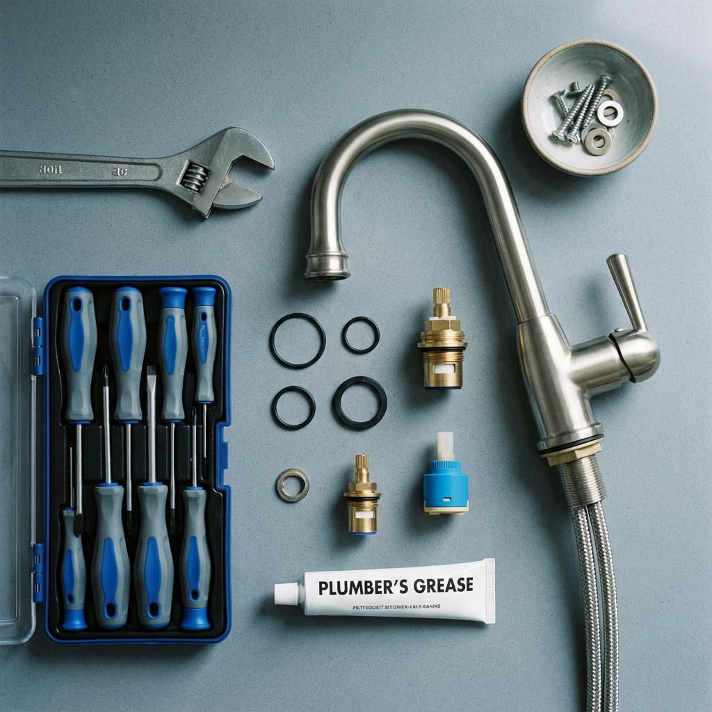Photorealistic, close-up shot of a toolkit laid out next to a faucet: adjustable wrench, screwdriver set, replacement O-ri...