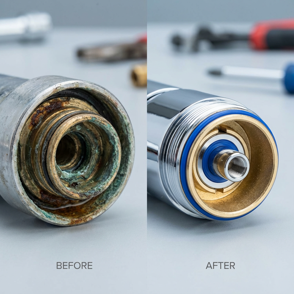 Close-up photorealistic before-and-after comparison: left side shows corroded faucet seat with mineral buildup, right side...