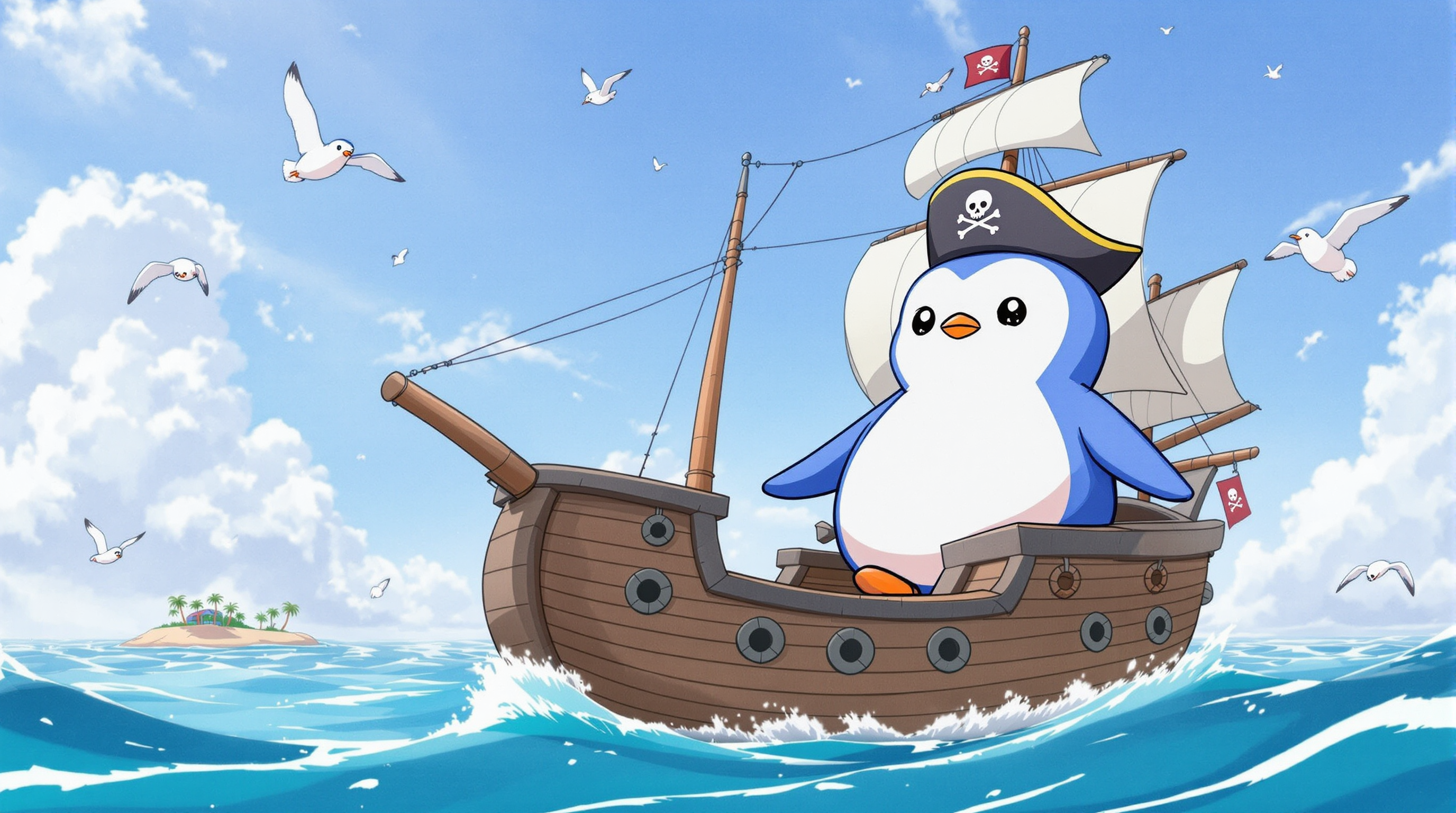 a pudgy penguin driving a pirate ship
