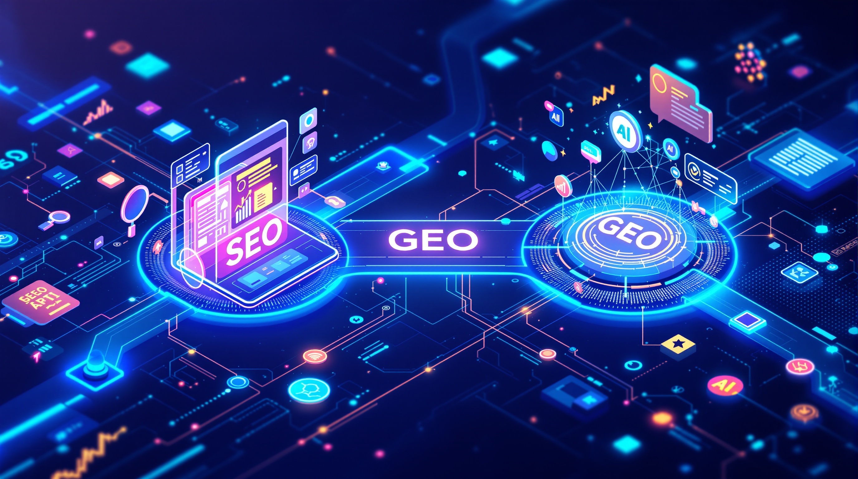 Infographic illustration showing diverging paths labeled SEO and GEO branching from a digital search interface, representing differences between traditional and generative optimization.