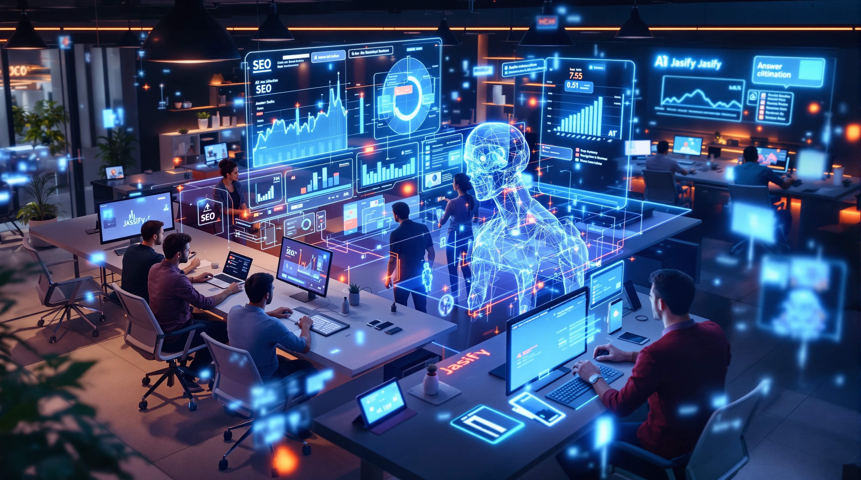 Hyperrealistic 3D render showing professionals collaborating on SEO analytics and AI citations in a futuristic workspace with Jasify branding elements.