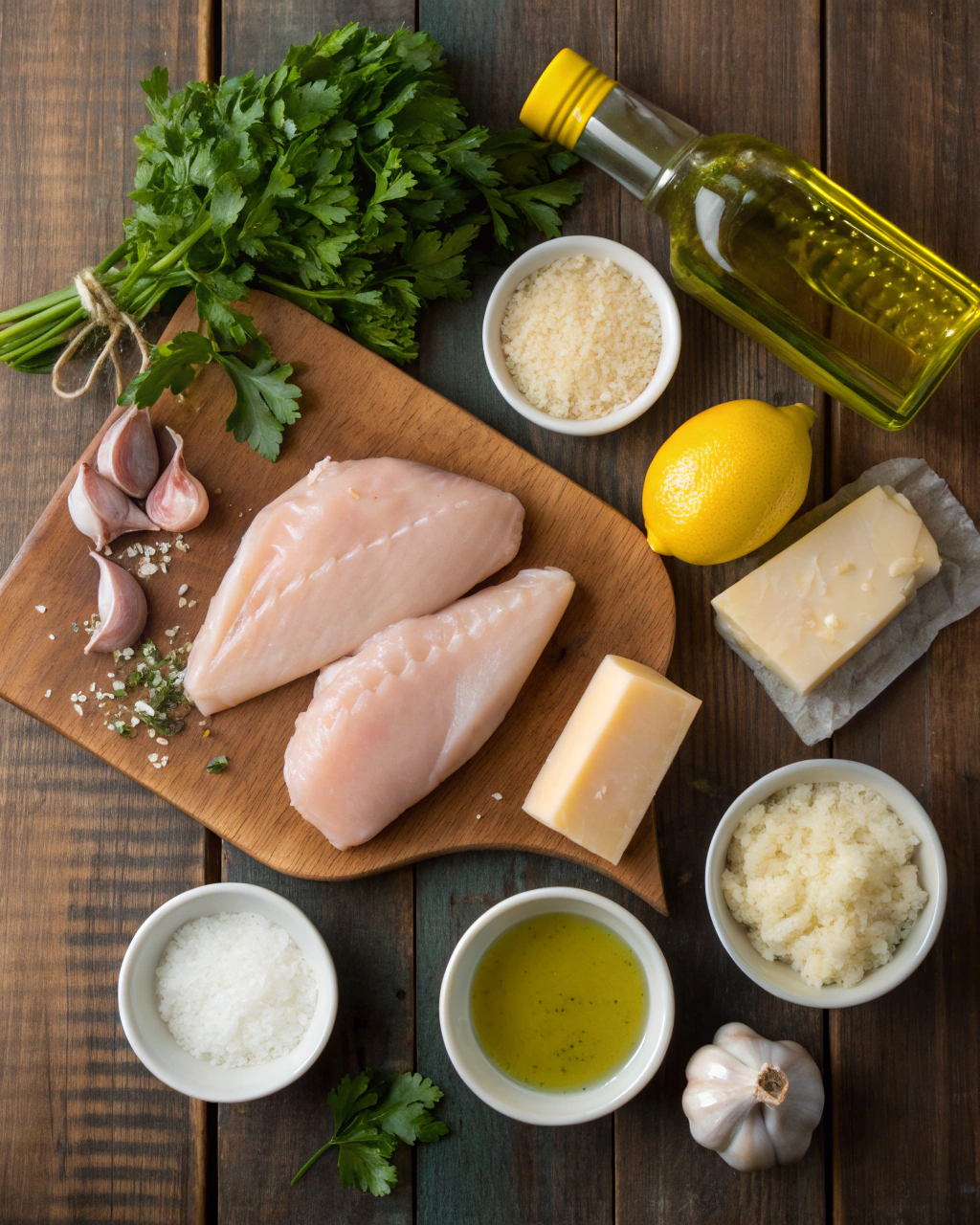 Fresh ingredients for Garlic Parmesan Chicken including chicken breasts, garlic cloves, Parmesan cheese, and herbs arranged on a wooden cutting board