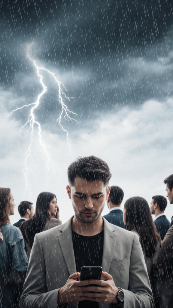 a-man-holding-a-cell-phone-in-front-of-a-group-of-e0cgwxivbw