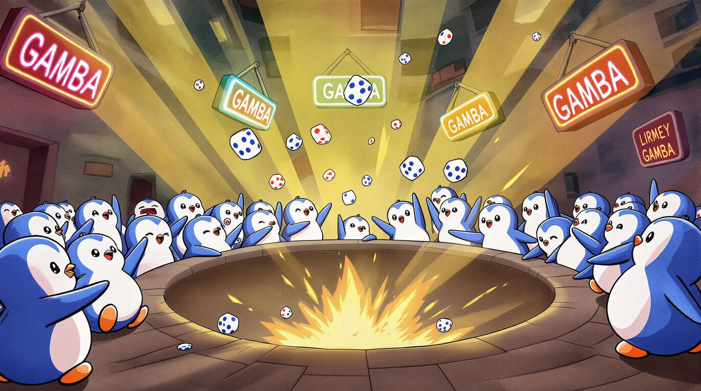 a group of penguin throwing dice into a pit where a cockfight is occurring while neo signs reading "GAMBA" flash everywhere