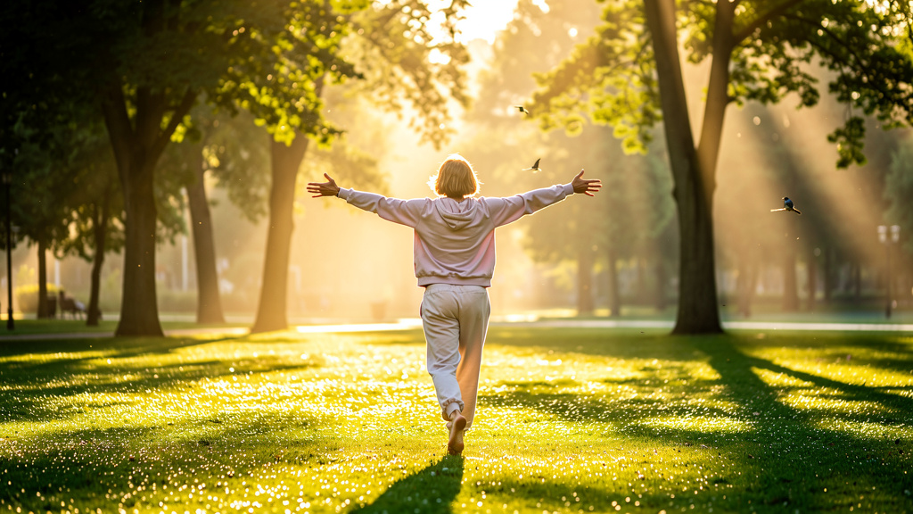 Person enjoying morning sunlight in park