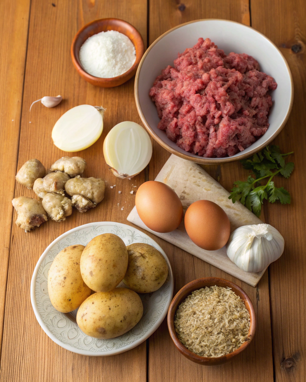 Fresh ingredients for spiced beef croquettes including ground beef, potatoes, aromatic spices, and panko breadcrumbs arranged on a marble surface