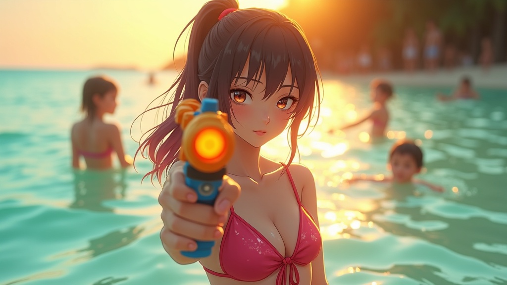 Una shinobi de SENRAN KAGURA Peach Beach Splash en plena acción aérea con jetpack de agua.