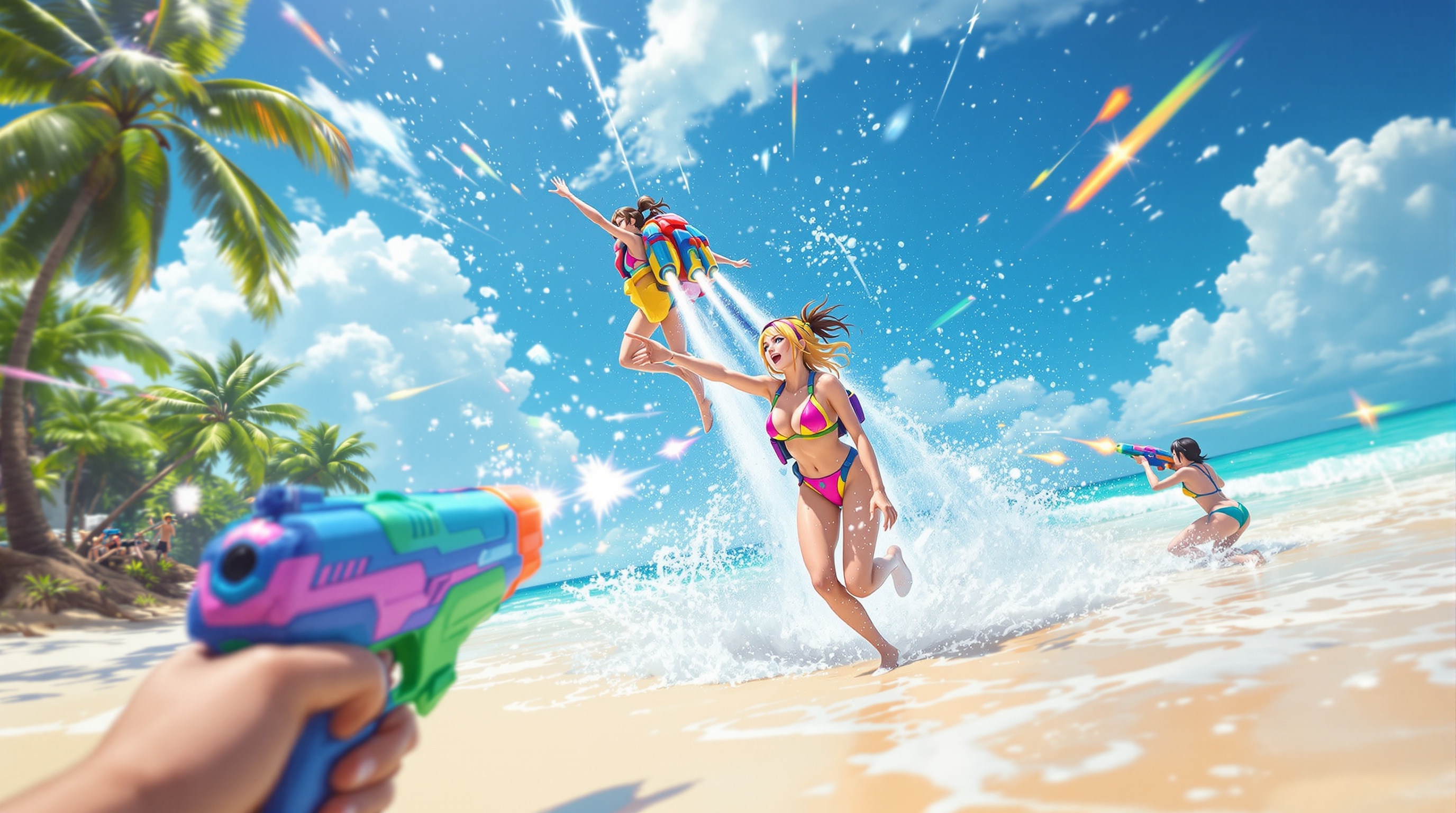 Varios personajes de SENRAN KAGURA Peach Beach Splash en una intensa batalla con pistolas de agua
