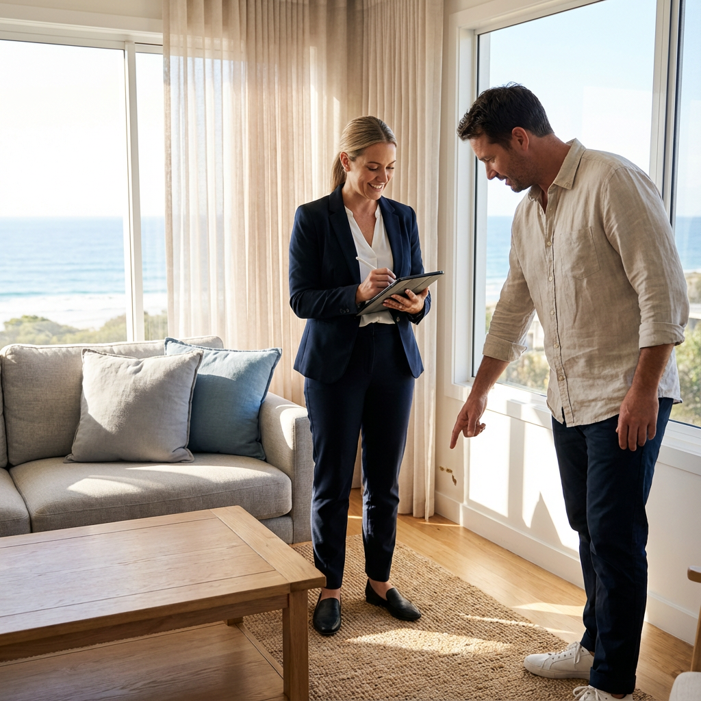 Mid-article photorealistic scene of a property manager inspecting a coastal rental inside a bright living room. The manage...