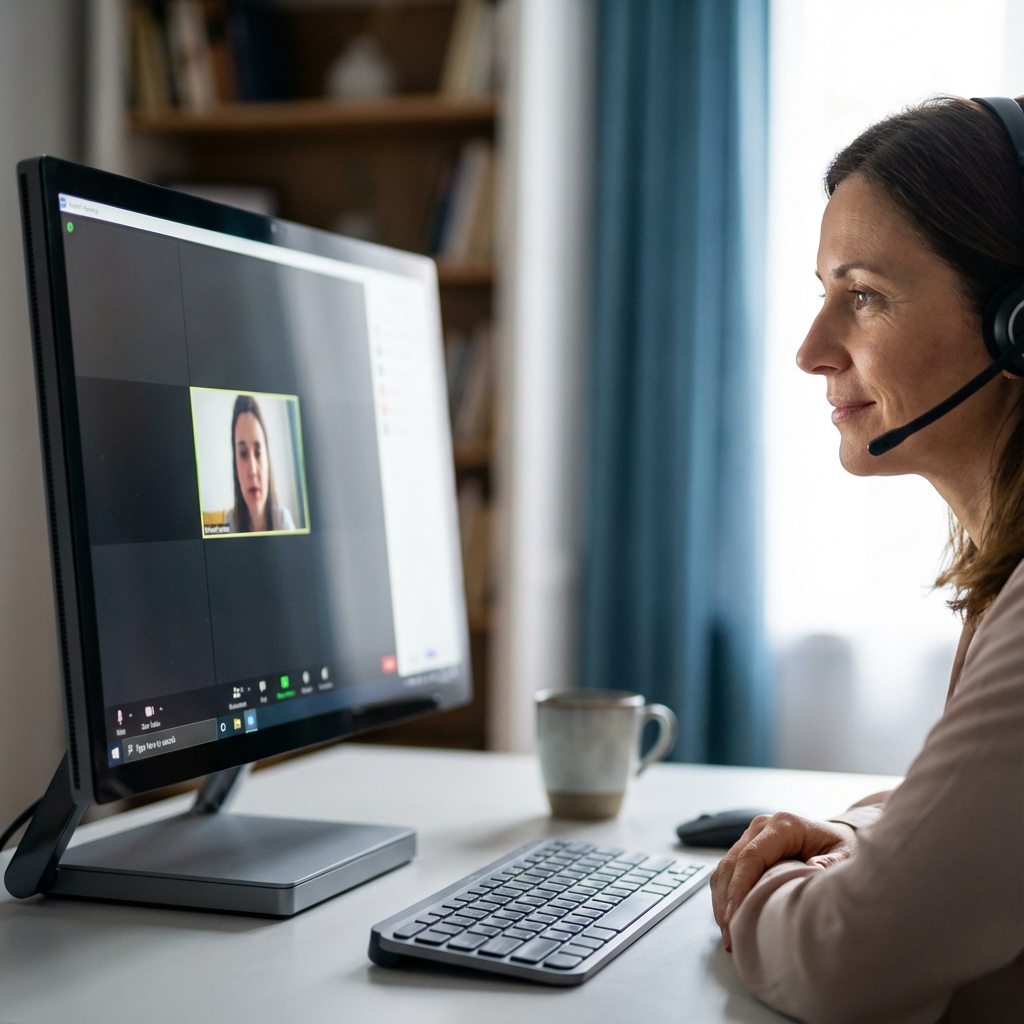 Photorealistic mid-article image depicting a psychiatrist on a telehealth video visit with a patient, clinician seen in a ...