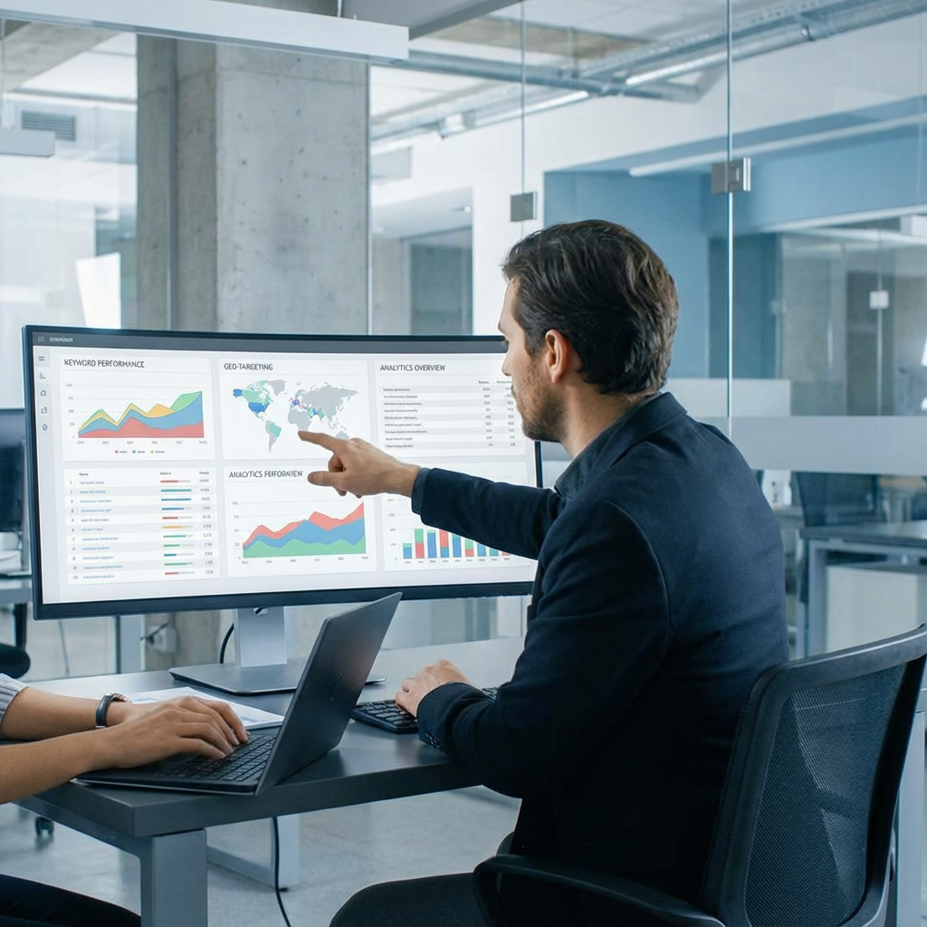 Photorealistic mid-shot of a digital marketing strategist pointing at a large monitor with maps, analytics charts, and key...