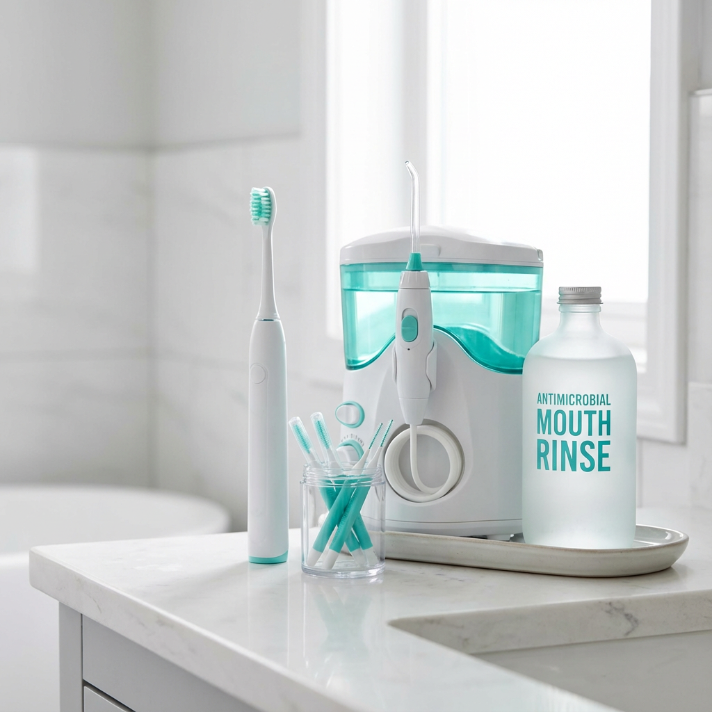 Close-up, photorealistic photo of dental home-care tools on a clean bathroom counter: a soft-bristled electric toothbrush,...