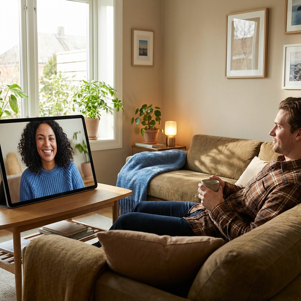 Photorealistic mid-shot of a warm telehealth session, therapist smiling on screen across from a relaxed client on a couch,...