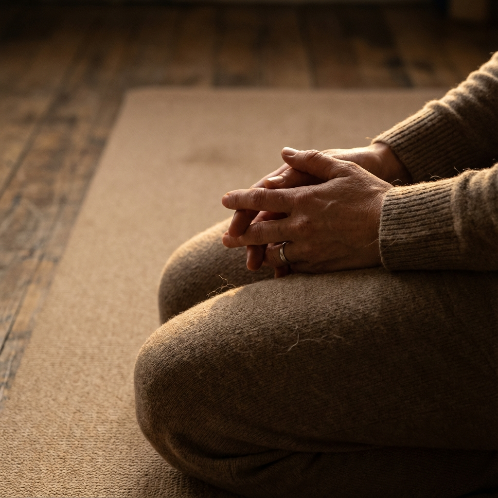 Photorealistic close-up of a person’s hands resting on their knees while they practice slow breathing, gentle rim lighting...