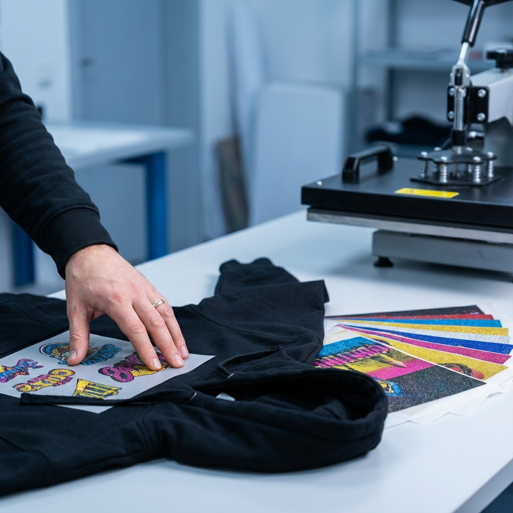 Close-up photorealistic shot of vibrant DTF transfers fanned on a clean table, a hand placing a transfer on a black hoodie...
