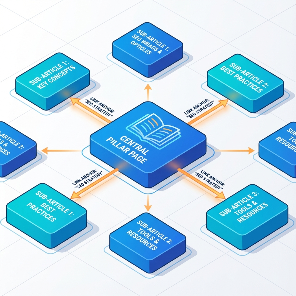 Isometric 3D illustration of a topical cluster, a central pillar page connected to multiple sub-articles with arrows and l...