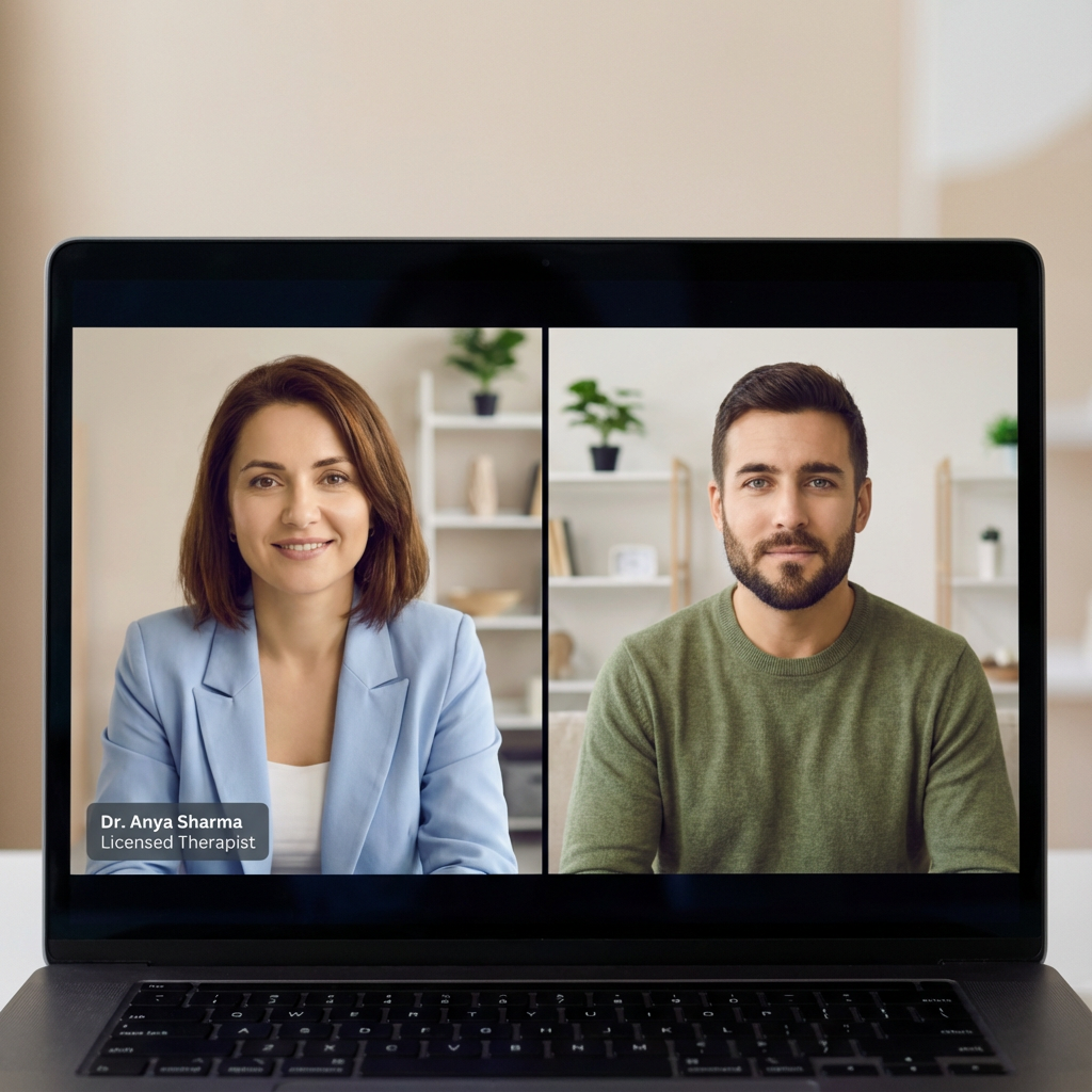 A photorealistic scene of a licensed therapist and client on a secure video call, close-up view of the screen showing calm...