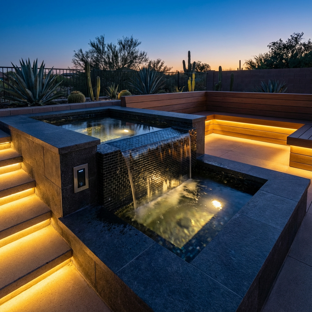 Photorealistic mid-shot of a spool under twilight lighting, close-up on black glass tile spillover into a reflective catch...