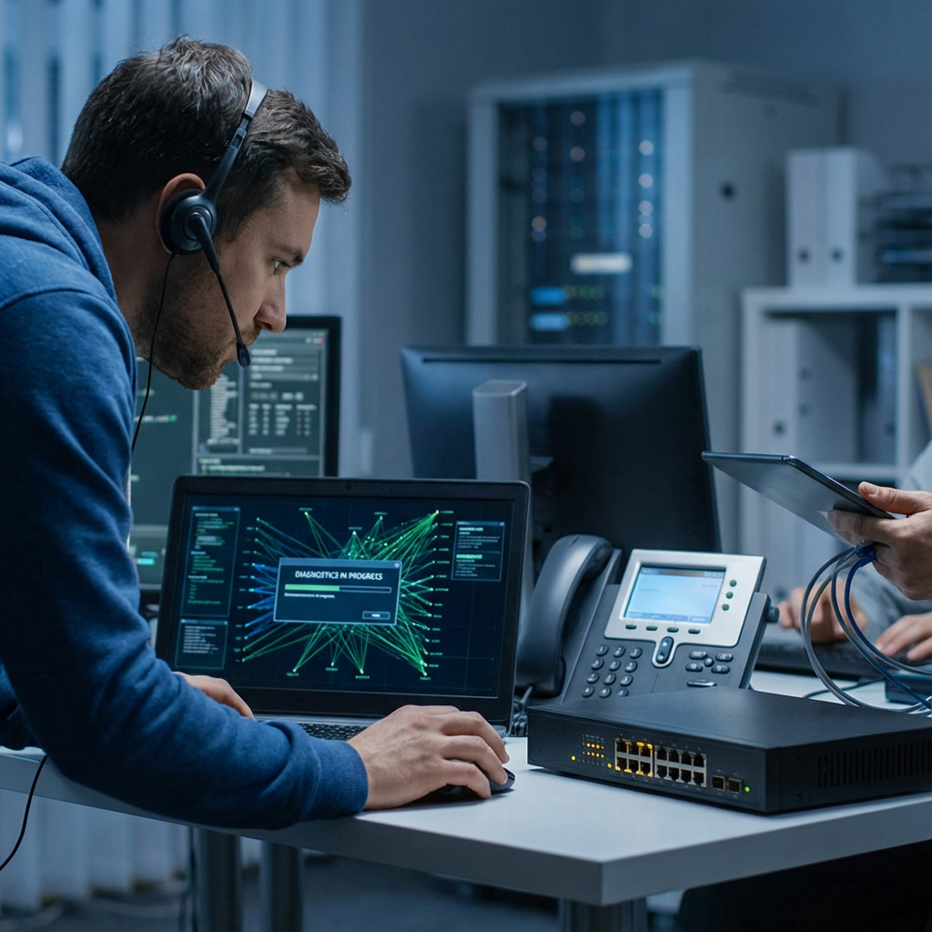 In-content photorealistic image of a small IT team performing network diagnostics — a technician looking at a laptop with ...