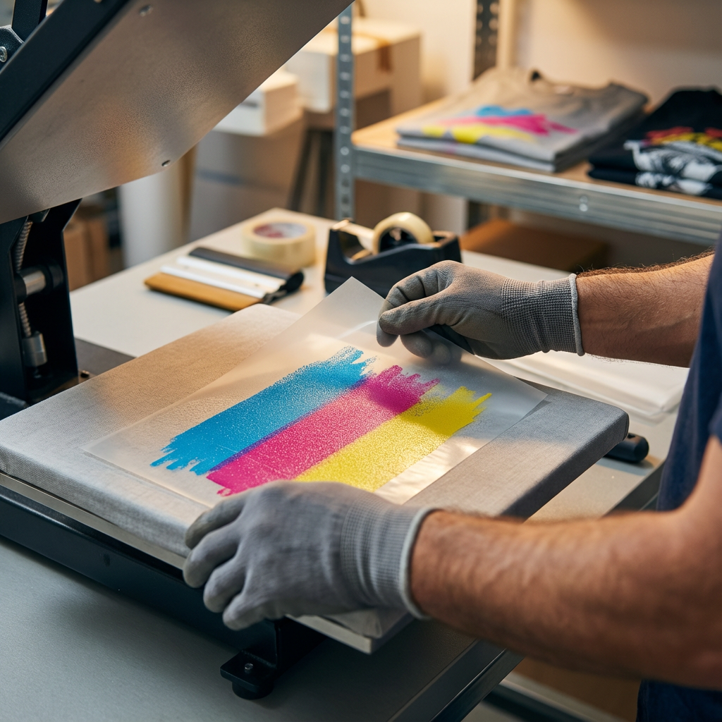 Close-up photorealistic image of a technician aligning colorful DTF transfers on a heat press table, detailed texture on f...