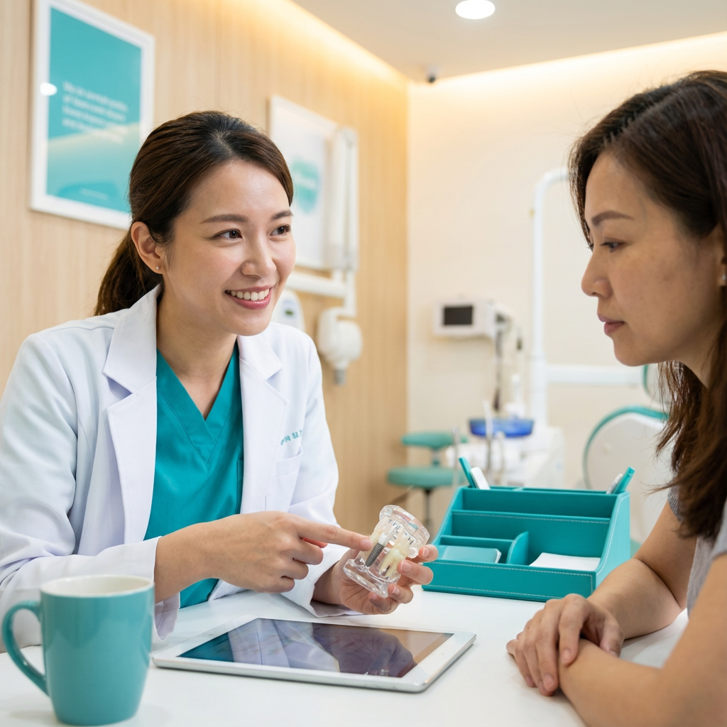 Close-up photorealistic image of a female dentist explaining a dental implant model to an adult American patient in a mode...